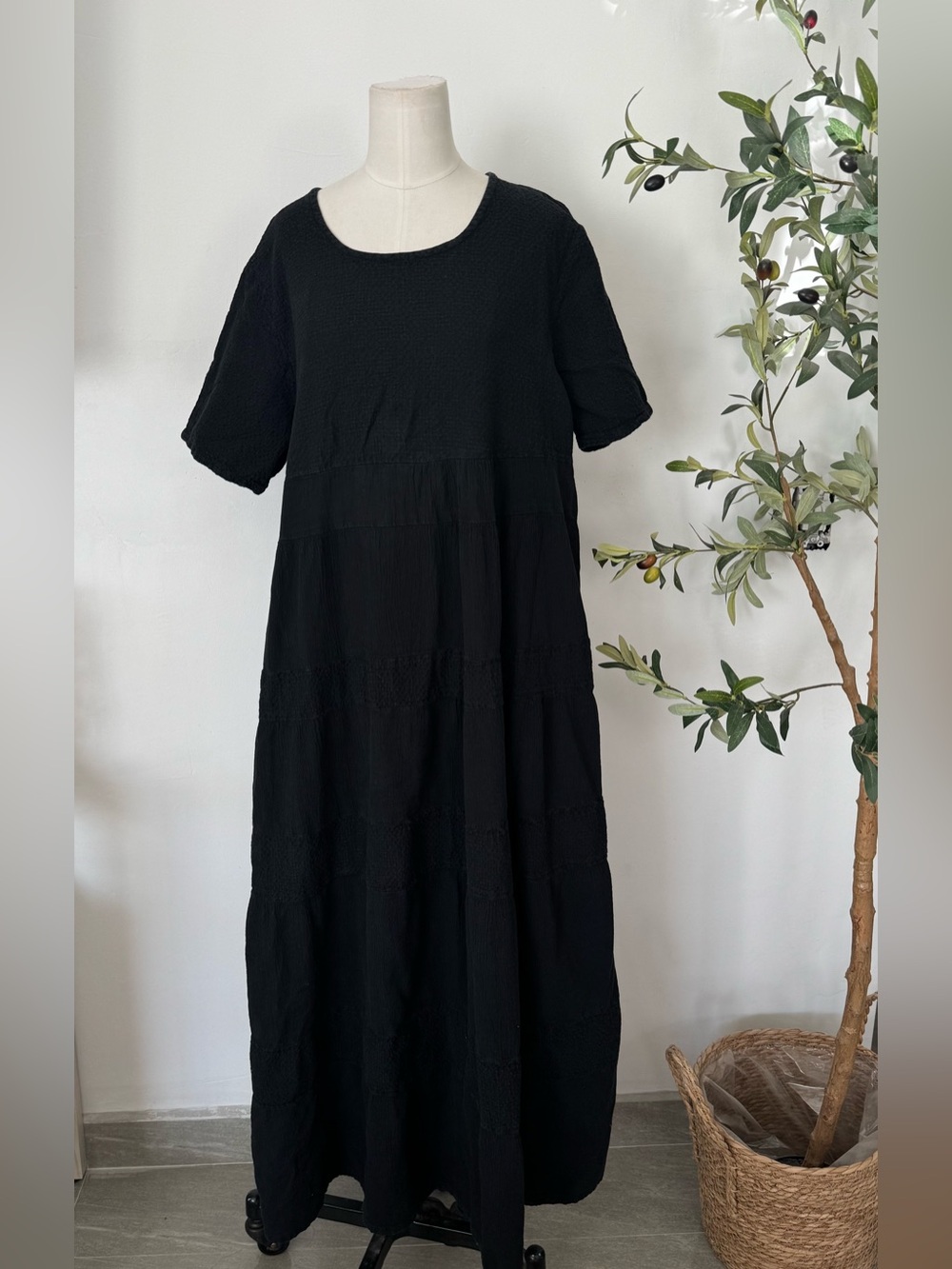 Vintage 90s DUNES  Black Cotton Tiered Maxi Dress XL Boho Cottagecore Prairie